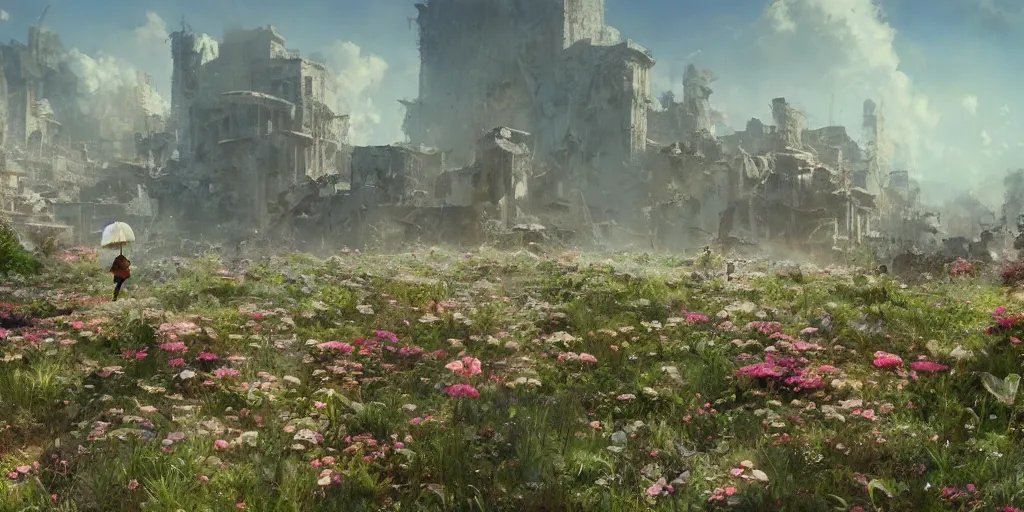 Image similar to a flower grows against the background of a ruined city, painting by Craig Mullins, octane rendering, soft morning lighting, wide angle lens, in the style of Hayao Miyazaki, trending on artstation,