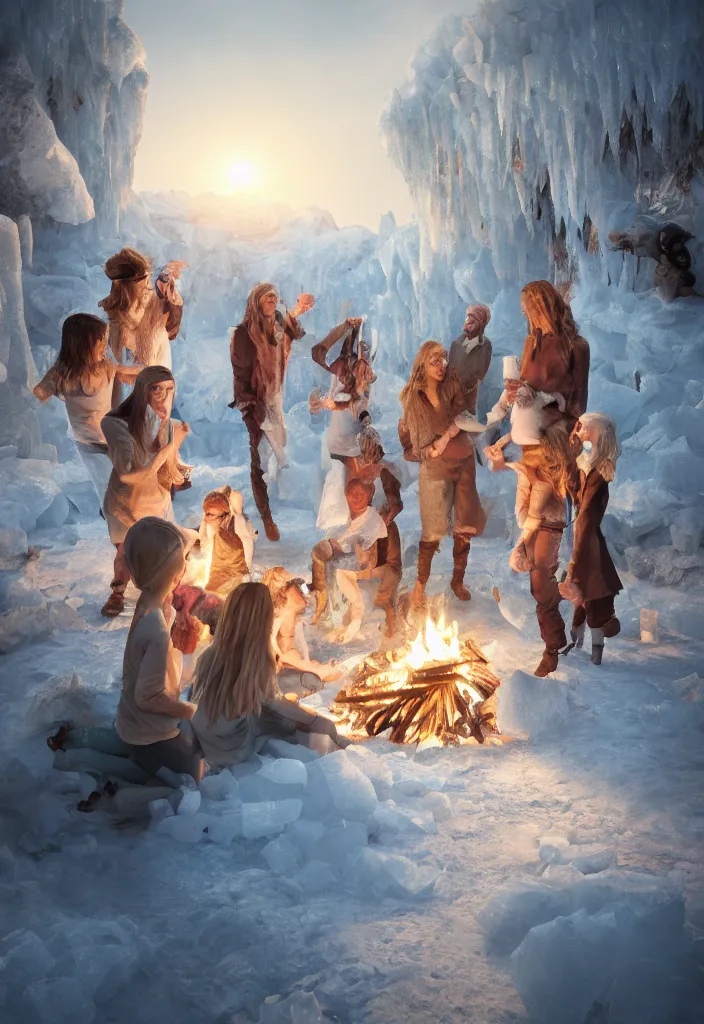 Prompt: realistic white tribe gather around a bonfire with a pregnant woman as her leader, proud people, sharp, ice cave, facinating, fantasy digital art, octane render, beautiful composition, trending on artstation, award - winning photograph, masterpiece