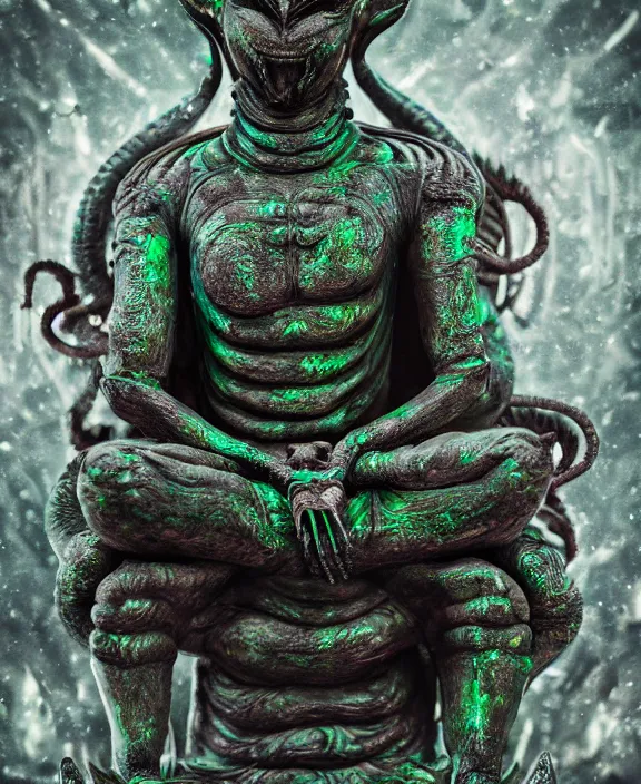 Image similar to xenomorph buddha meditation model hybrid, dragon eggs, dark emerald mist colors, giger background liminal void, cinematic lighting, realistic, award winning photograph, various refining methods, micro macro autofocus