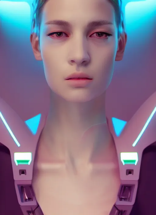 Image similar to white one cast futuristic biomechanic future human, beautiful face, female, futuristic, neon lights, cyberpunk, 8 k, digital painting, by beeple and makoto shinkai, trending on cg society, glamour pose, fashion photography, high fashion, canon r 3, photorealistic, hyper realisitic