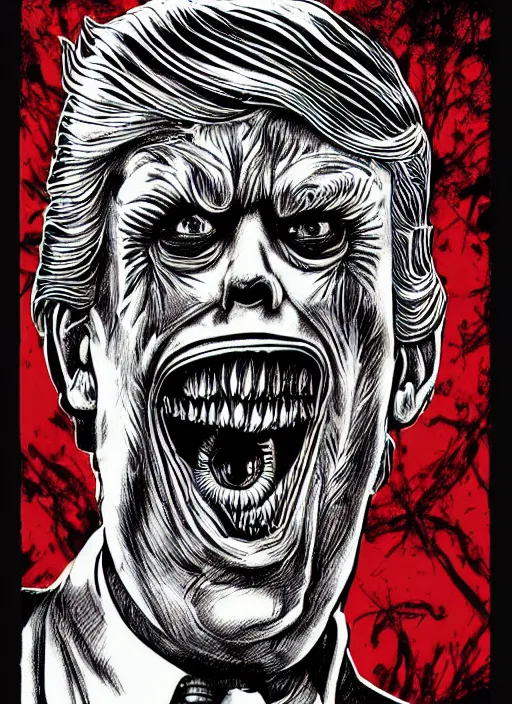 Image similar to Donald Trump's disgusting true form on a 1990s horror movie poster, inking, vintage 90s print, detailed, scary, horror, screen print, trending on artstation