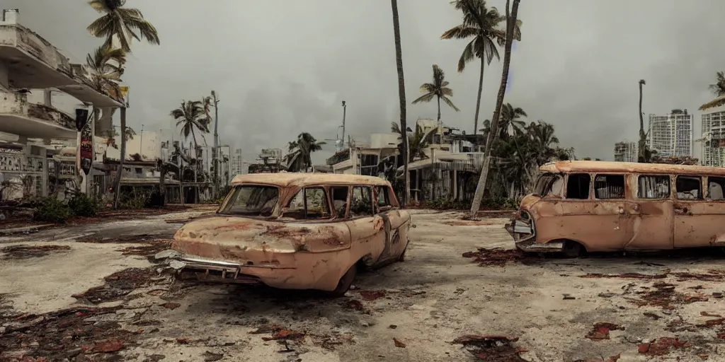 Image similar to wide angle shot of dilapidated fallout 5 miami, tropical coastal city, desolate, dilapidated, some rusted retro futuristic vintage parked vehicles like cars, buses, trucks, trams, slight overcast weather, fog, volumetric lighting, photorealistic, daytime, autumn, sharp focus, ultra detailed,