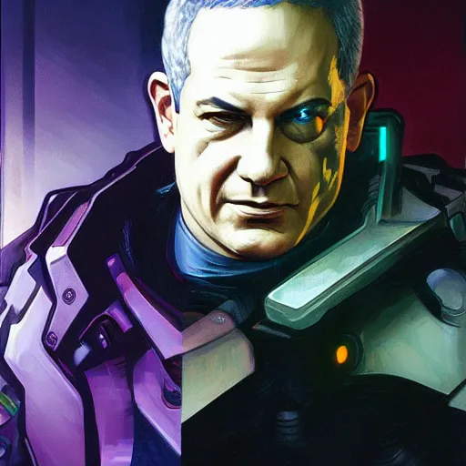 Prompt: cyberpunk portrait of benjamin netanyahu as a cyborg, by clint cearley and ashley wood and alphonse mucha