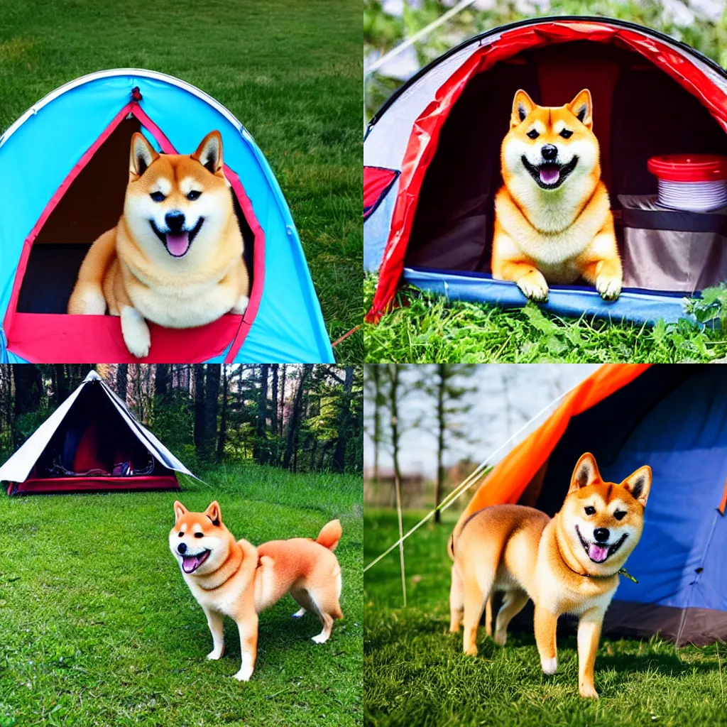 Prompt: A shiba inu looking happy out of a camping tent