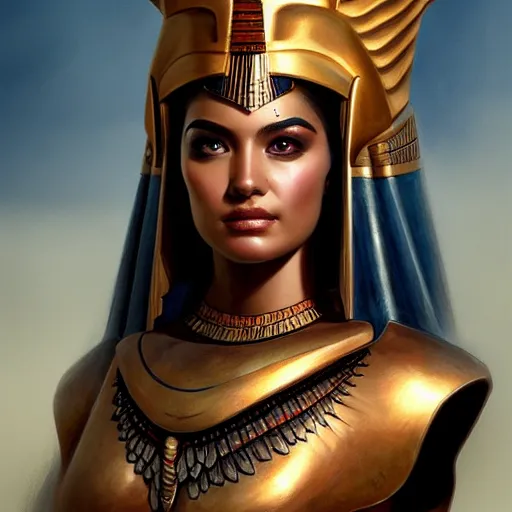 Image similar to portrait of gorgeous egypt goddess in the armor, beautiful face, hyper realistic, highly detailed, digital painting, artstation, illustration, concept art by hyung tae and frank frazetta, digital paint, matte paint, washed colors, dark, gloomy, foggy