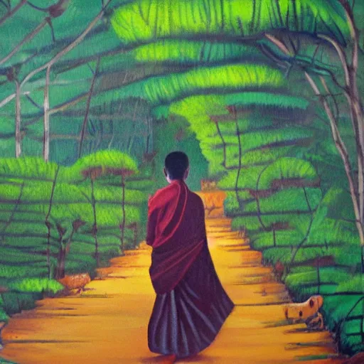 Prompt: painting by richa kashelkar of a young buddhist monk walking down a narrow road in jungle early morning