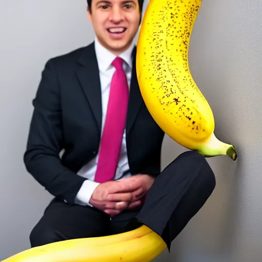 Image similar to an antropomorphic banana wearing a business suit