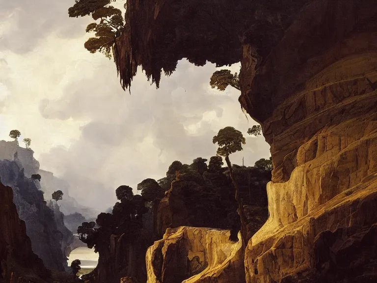 Prompt: an oil painting of a canyon made of ivory and smooth stone and a lake of black oil by carl spitzweg and tuomas korpi. baroque elements, full-length view. baroque element. intricate artwork by caravaggio. Trending on artstation. 8k