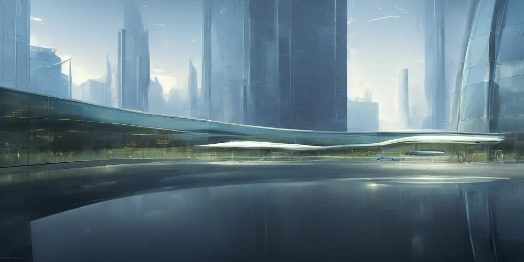 Prompt: A landscape with a futuristic office building, glass, reflections, volumetric lighting, dynamic lighting, muted colors, by Greg rutkowski, thomas kinkade, Andreas rocha, john howe, pixar, f16, hd, 4k