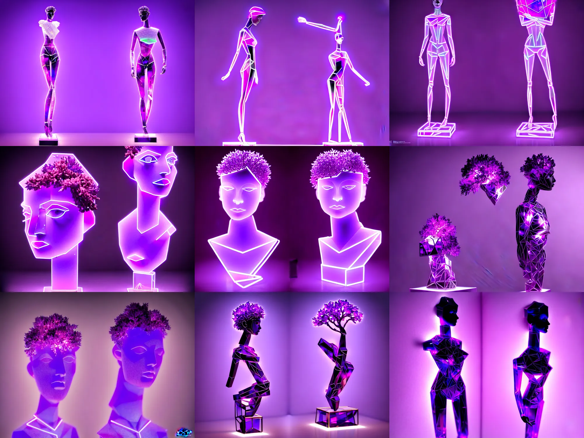 Image similar to beautiful mannequin sculpted out of amethyst by billelis + lit with purple 3 d geometric neon + chrome geometric cubed bonsai plants!!!!, doorway opening with neon pink geometric light, clean linework, dramatic, finely detailed, rule of thirds, moody, confident, award winning, 4 k, trending on artstation, photorealistic, volumetric lighting, octane render