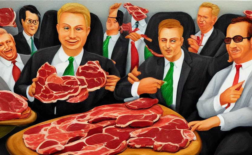 Image similar to realistic painting of couch made out of meat, business men sitting on couch made out of meat and talking,