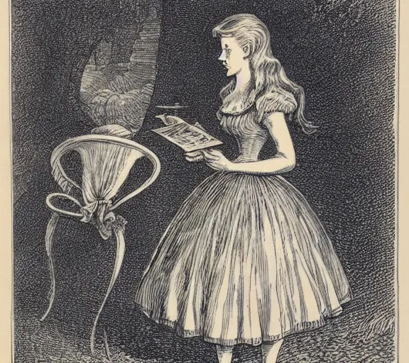 Image similar to Tenniel illustration portrait of Alice, walking in wonderland