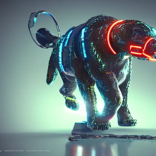 Prompt: portrait of a neon cyberpunk cyborg jaguar animal riding a motorcycle, octane render