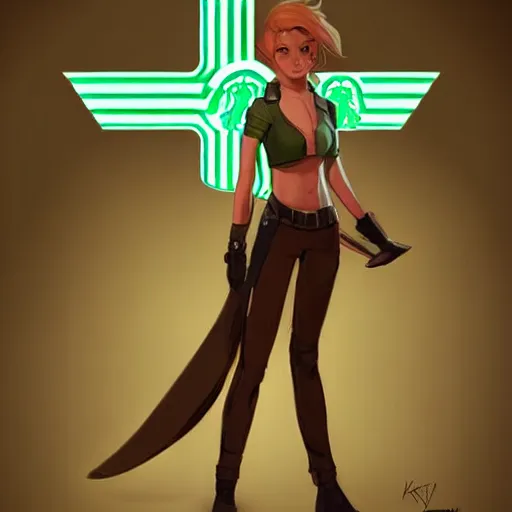Image similar to female character inspired in starbuck logo, digital art by cushart krenz