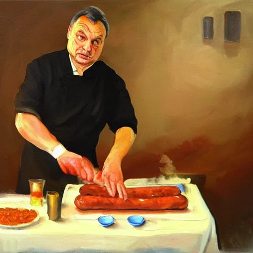 Prompt: viktor orban making sausage, oil painting