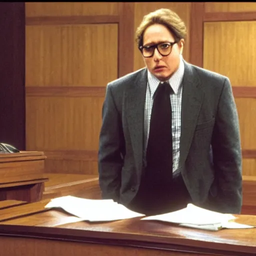 Image similar to James Spader as Alan Shore standing in a courtroom.