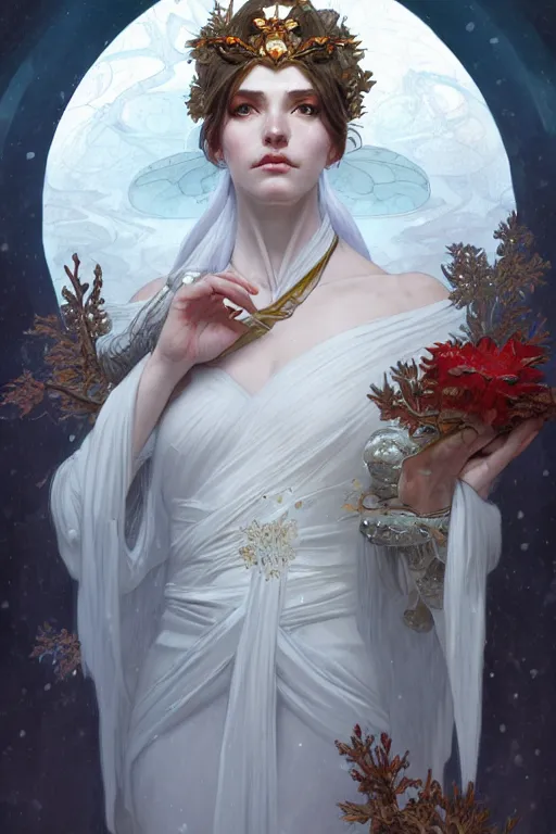 Image similar to goddess of winter solstice, only two hands, highly detailed, digital painting, artstation, concept art, smooth, sharp focus, illustration, unreal engine 5, 8 k, art by artgerm and greg rutkowski and edgar maxence and alphonse mucha