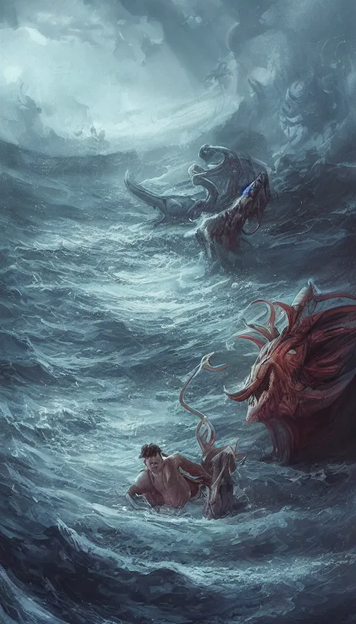 Image similar to man on boat crossing a body of water in hell with creatures in the water, sea of souls, by ross tran