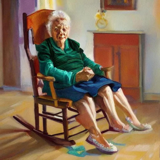 Image similar to painting in the zandinsky style of a grandmother sitting in a rocking chair, surrounded by her grandchildren, while she tells them a story, hiperrealism, artstation