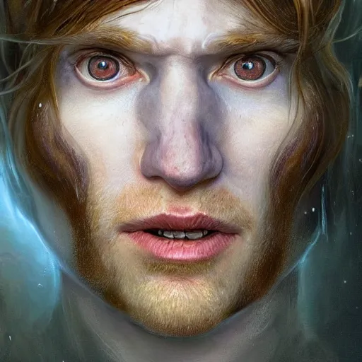 Image similar to closeup portrait shot of domhnall gleeson as puck, robin goodfellow, pooka, fairy wings, highly detailed, digital painting, artstation, concept art, soft focus, depth of field, artgerm, tomasz alen kopera, peter mohrbacher, donato giancola, wlop, boris vallejo