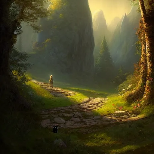 Image similar to beautiful matte painting by arthur gurin concept art of archway fantasy path into the mountainous sloping meadow and slightly forested background void of people, atmospheric lighting, painted, intricate, volumetric lighting, beautiful, rich deep colors masterpiece, sharp focus, ultra detailed by