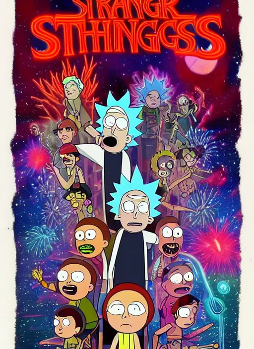 Image similar to rick and morty in the style of stranger things movie poster