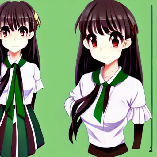 Prompt: beautiful anime high school girl, complete body view, light brown hair, ponytail, white ribbon, green eyes, full perfect face, slightly smiling, detailed school background, drawn by Artgerm, Sasoura, Satchely, no distorsion