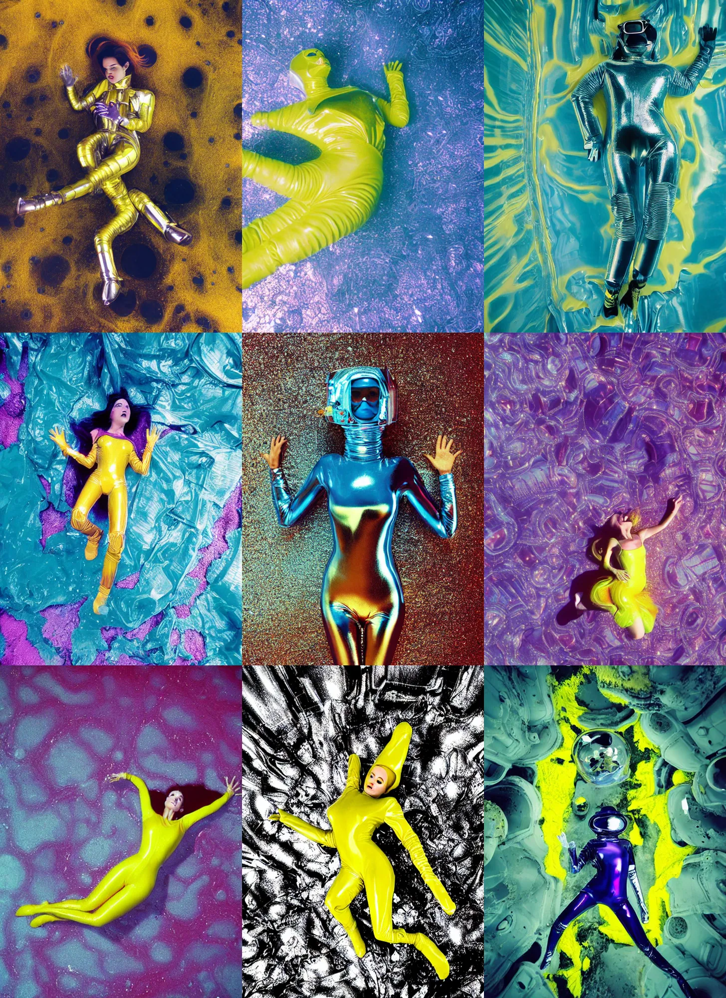 Prompt: cinematic shot chrome clad princess falling into caustic slime seen from above, mid fall, sharp focus on symmetric expressive face, aerochrome yellowcake diatomic glass, from above falling backwards from a height, corrugations of fungal lenses hug the form of her space suit, hair out like water she looks confused, abrupt, alone