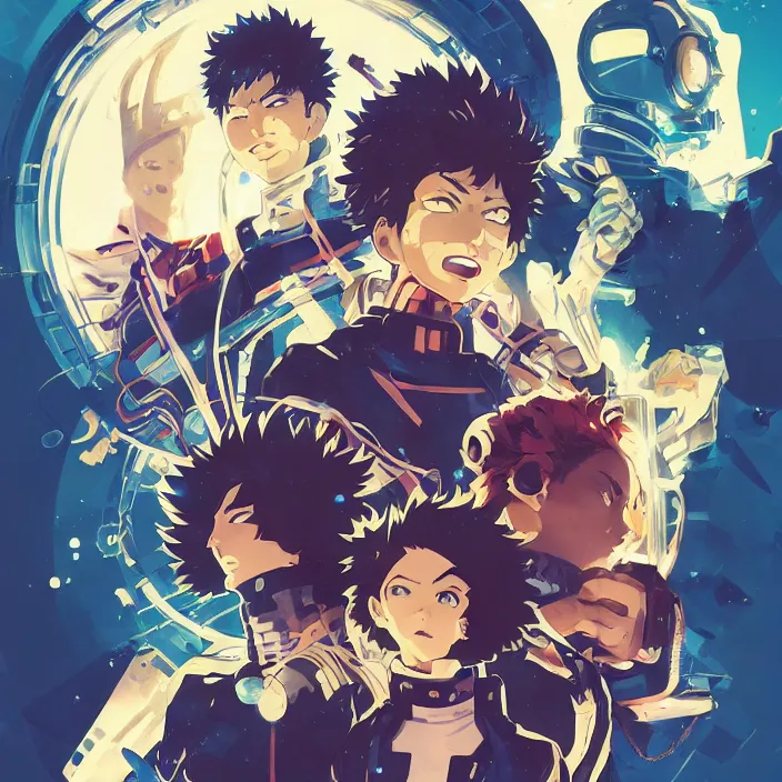 Image similar to anime portrait my hero academia, futuristic science fiction, mucha, hard shadows and strong rim light, art by jc leyendecker and atey ghailan and sachin teng