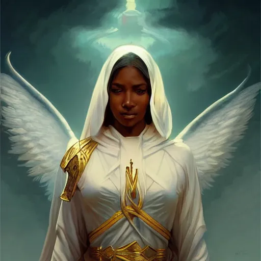 Prompt: a female angel of mercy, brown skinned, sumerian, D&D, highly detailed, digital painting, artstation, concept art, sharp focus, illustration, cinematic lighting, art by artgerm and greg rutkowski and alphonse mucha