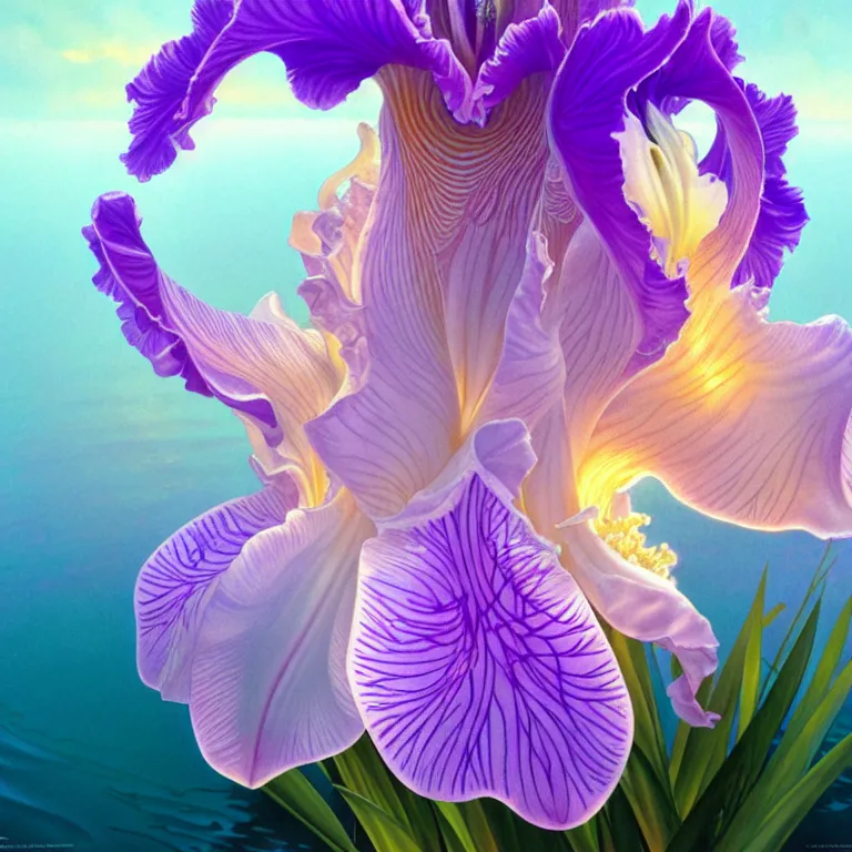 Image similar to detailed giant white holographic orchid iris hybrid flower surrounded by ocean waves, lsd water, lsd ripples, droplets, backlit, sunset, refracted lighting, art by collier, albert aublet, krenz cushart, artem demura, alphonse mucha