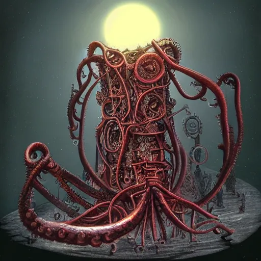 Image similar to lovecraftian biomechanical machine-tower with fleshy tendrils and eyeball at top overlooking dystopian wasteland, highly detailed, colorful with red hues