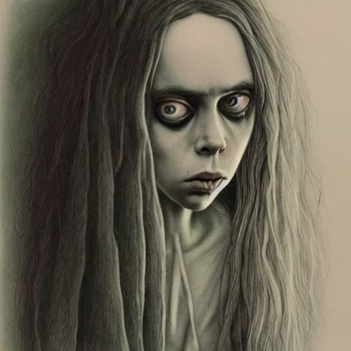 Prompt: grunge drawing of billie eilish by - Zdzisław Beksiński , corpse bride style, horror themed, detailed, elegant, intricate