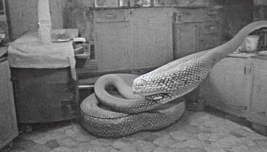 Image similar to a huge snake a man in a stalinist style kitchen, by mini dv camera, very very low quality, heavy grain, very blurry, accidental flash, webcam footage, found footage, security cam, caught on trail cam