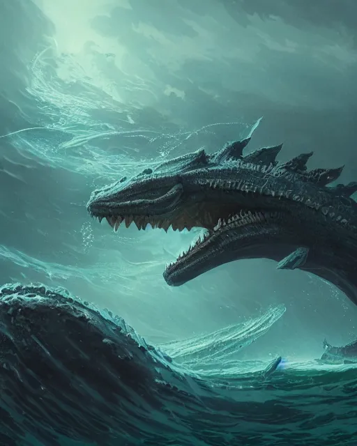 Image similar to A monstrous giant sea serpent in the middle of the sea, fantasy art, in the style of greg rutkowski, illustration, epic, fantasy, intricate, hyper detailed, artstation, concept art, smooth, sharp focus, ray tracing