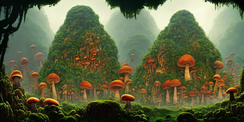 Prompt: a jungle village of ape - god worshippers and their giant mushroom dwellings, matte oil painting, retrofuturistic, science fantasy, salt, rust, polyps, mutant, lgbt, queer, rpg, epic, dungeons & dragons, sacred, sharp focus, award - winning, extremely detailed, 4 k, 8 k