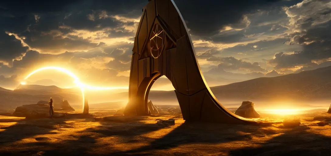 Image similar to stargate made of metal that form a circle and opens a portal to texas, cinematic view, epic sky highly detailed single ray of golden sunlight, beautiful, cgssociety, artstation, 8 k