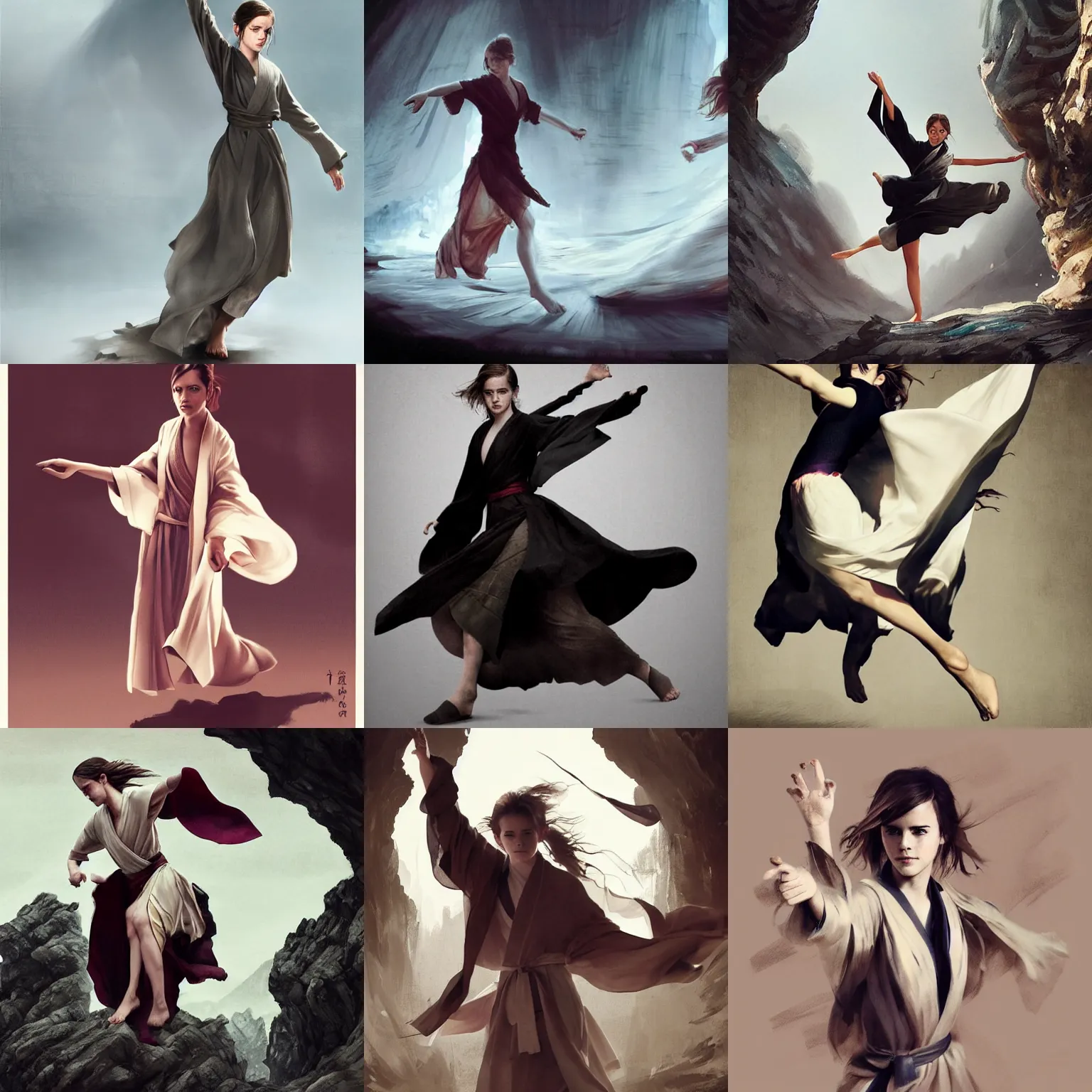 Prompt: emma watson flowing robes action motion poses taolu jianshu, nanquan, changquan, daoshu, gunshu, qiangshu, nandao and nangun sketch greg rutkowski foreshortening 3 6 0 degree david bailey david bailey david bailey david bailey