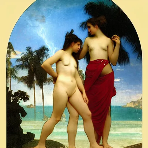 Image similar to Silhouette of two girls at the palace, thunderstorm, greek pool, beach and palm trees on the background major arcana sky, by paul delaroche, alphonse mucha and arnold böcklin arnold böcklin hyperrealistic 8k, very detailed