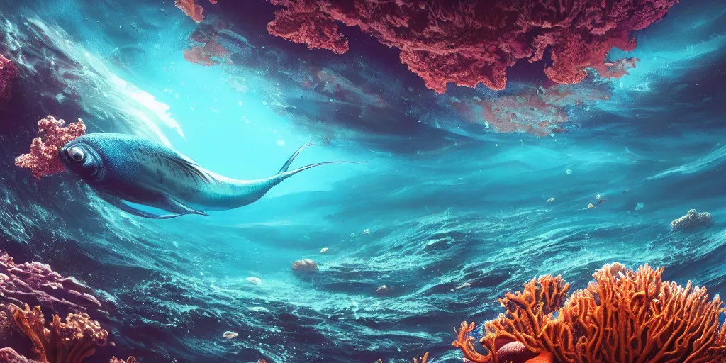 Prompt: photo of an alien fish swimming an alien habitable underwater planet, coral reefs, dream-like atmosphere, water, plants, peaceful, serenity, calm ocean, tansparent water, reefs, fish, coral, inner peace, awareness, silence, nature, evolution, wide angle, super highly detailed, professional digital painting, artstation, concept art, smooth, sharp focus, no blur, no dof, extreme illustration, Unreal Engine 5, Photorealism, HD quality, 8k resolution, cinema 4d, 3D, beautiful, cinematic, art by artgerm and greg rutkowski and alphonse mucha and loish and WLOP
