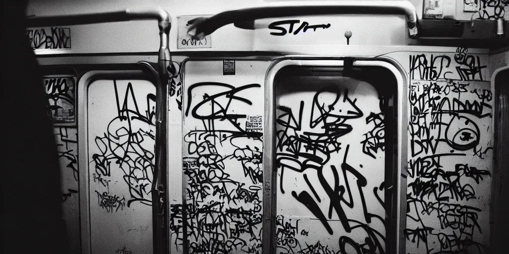 Image similar to subway cabin inside all in graffiti, man in stussy jacket closeup writing graffiti, night, film photography, exposed b & w photography, christopher morris photography