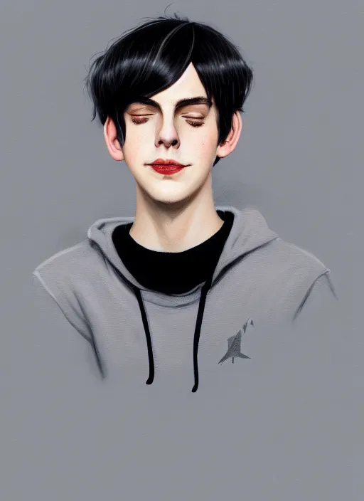 Image similar to portrait of teenage jughead jones wearing a light grey crown, crown, hamburger background, eyes closed, crown, black hair, intricate, elegant, glowing lights, warm lighting, highly detailed, digital painting, artstation, concept art, smooth, sharp focus, illustration, art by wlop, mars ravelo and greg rutkowski