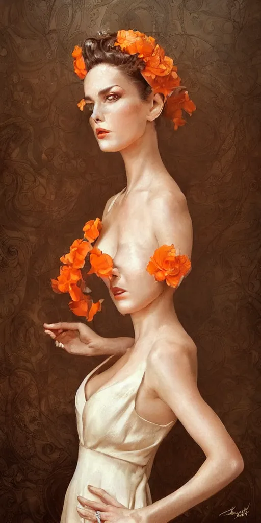 Image similar to a beautiful hyperrealistic portrait pose of a stunning 1950’s model in a cream-and-orange dress looking cheeky, intricate, elegant, highly detailed, smooth, sharp focus, award-winning, masterpiece, in the style of Tom Bagshaw, Cedric Peyravernay, Peter Mohrbacher