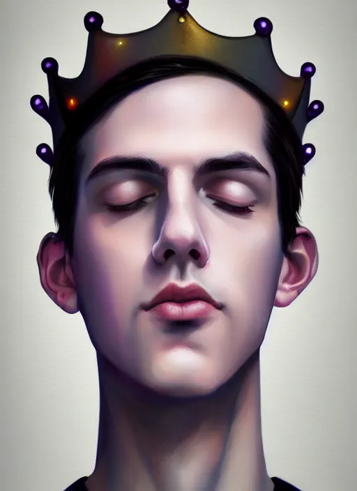 Image similar to portrait of teenage jughead jones wearing a light grey crown, photorealistic, crown, purple shirt, eyes closed, crown, black hair, intricate, elegant, glowing lights, highly detailed, digital painting, artstation, concept art, smooth, sharp focus, illustration, art by wlop, mars ravelo and greg rutkowski