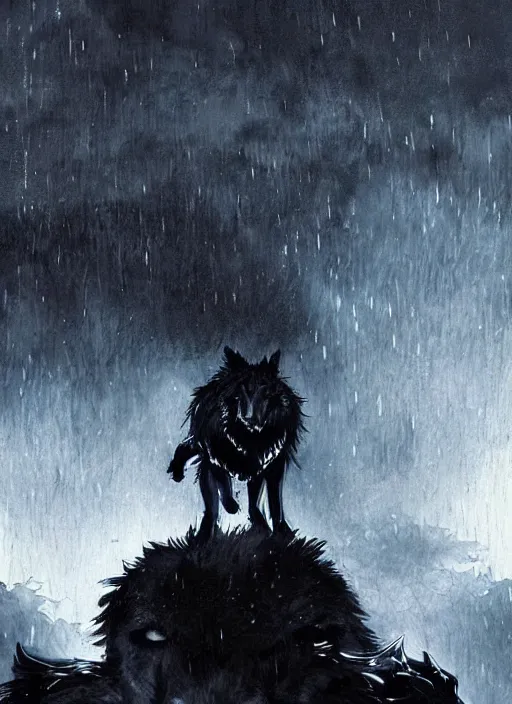 Image similar to Giant wolf with glowing eyes near small village, raining, full moon. In style of Yoji Shinkawa and Hyung-tae Kim, trending on ArtStation, dark fantasy, great composition, concept art, highly detailed, dynamic pose.