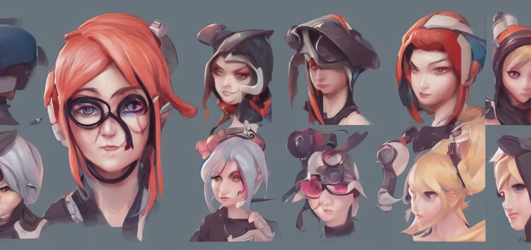 Image similar to concept art of female video game characters head designs, egirls, disgaea, flcl, overwatch, by marc brunet and artgerm