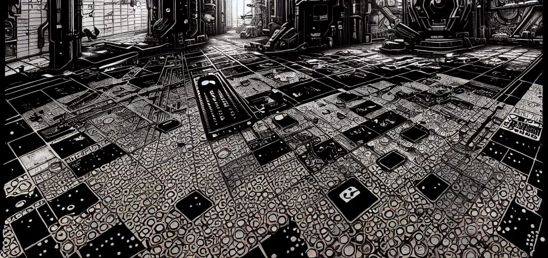 Image similar to cyberpunk steampunk tiled floor, 1 - point perspective, high details, bold line art, by vincent di fate and joe fenton, inking, screen print, masterpiece, trending on artstation, sharp, high contrast, hyper - detailed,, hd, 4 k, 8 k
