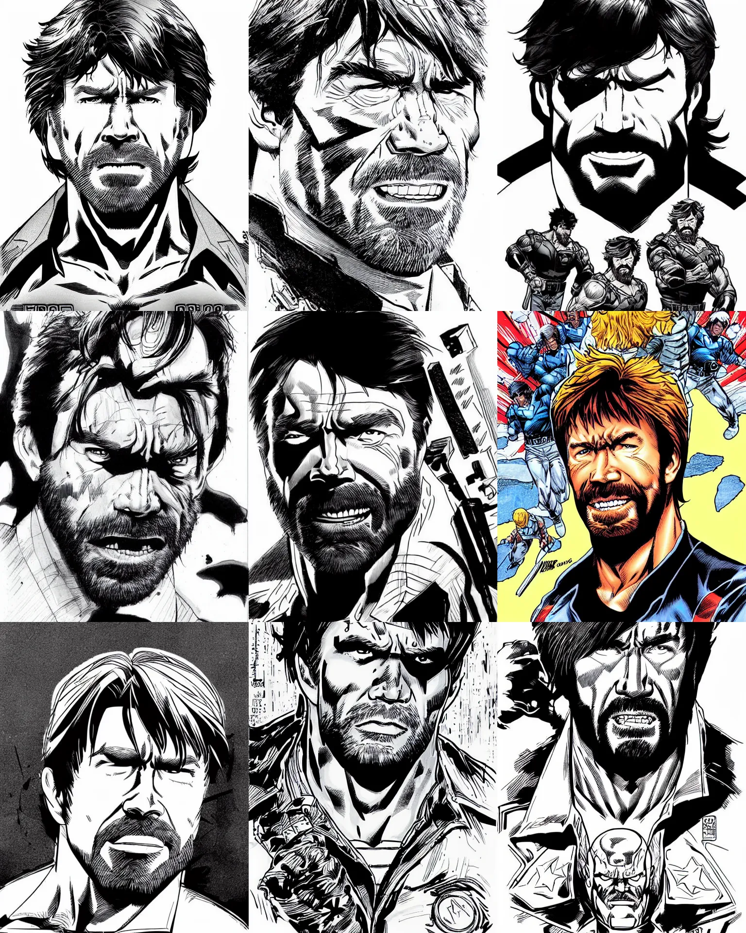 Prompt: chuck norris !!!jim lee!!! flat ink sketch by jim lee face close up headshot in the style of jim lee, x-men superhero comic book character by jim lee