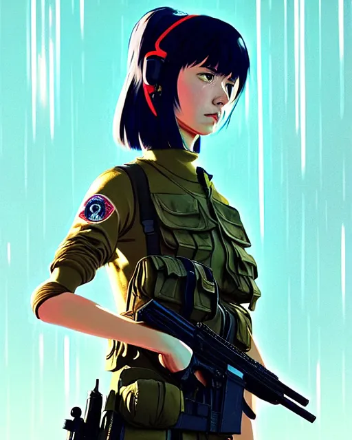 Prompt: girl wearing in tactical gear | | audrey plaza, fine detail!! anime!! realistic shaded lighting!! dramatic!! poster by ilya kuvshinov katsuhiro otomo ghost - in - the - shell, magali villeneuve, artgerm, jeremy lipkin and michael garmash and rob rey