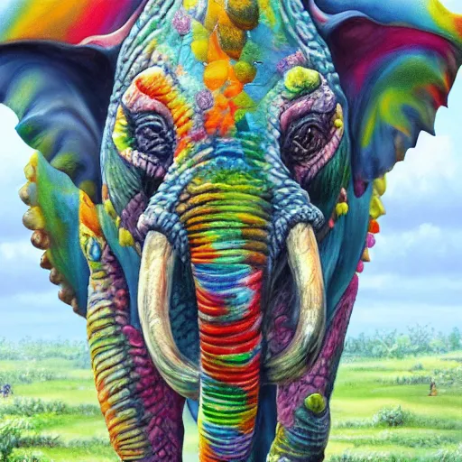 Image similar to hybrid animal cross between colorful triceratops and elephant detailed oil painting 4k